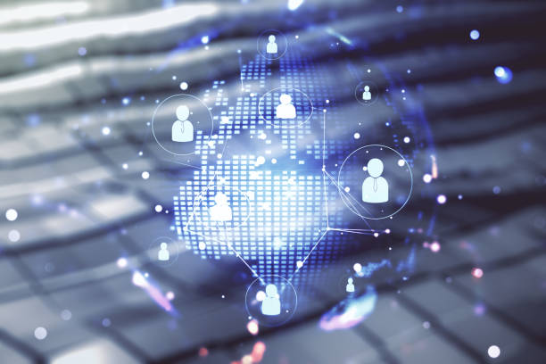 istock Virtual social network hologram and world map on blurry abstract metal background. Multiexposure 1414964561