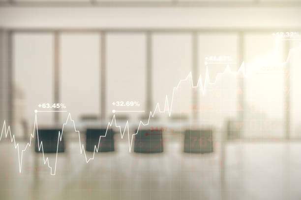 istock Abstract virtual financial graph hologram on a modern conference room background, forex and investment concept. Multiexposure 1414964598