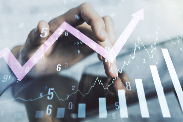 istock Abstract creative financial graph with upward arrow and finger clicks on a digital tablet on background, forex and investment concept. Multiexposure 1414964629