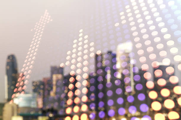 istock Abstract virtual upward arrows sketch on blurry office buildings background, target and goal concept. Multiexposure 1414965253