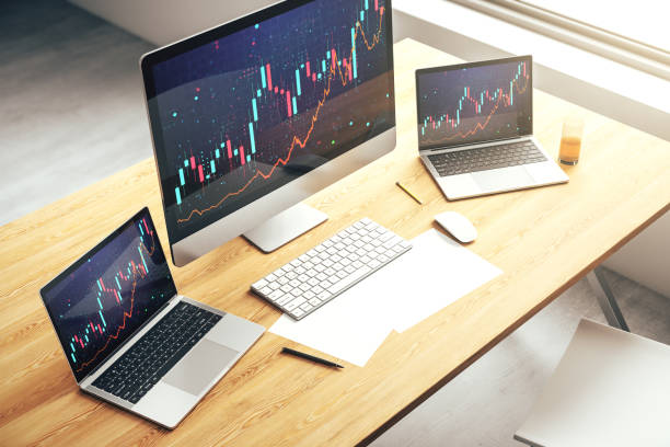 istock Modern computer display with abstract financial graph, financial and trading concept. 3D Rendering 1414965377