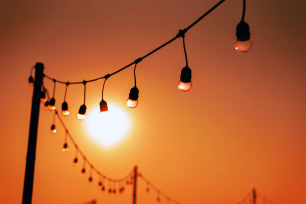 vintage light bulbs on string wire against sunset decor in outdoors wedding party