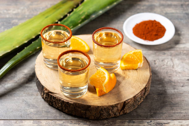 Mezcal Mexican drink with orange slices and worm salt stock photo
