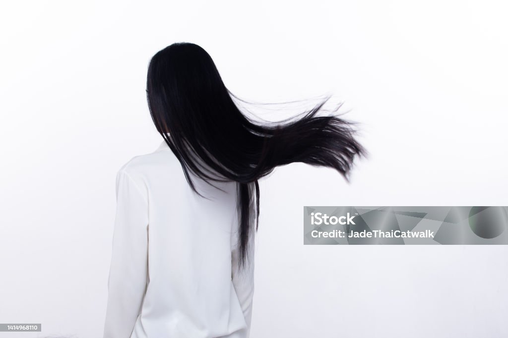 Black Straight Long Black Hair Woman Throw Fly In Air With Fashion Stylish  And Fun Joy Female Turn Back Wear White Shirt Express Emotion Happy By Blow  Wind Hair Isolated White Background