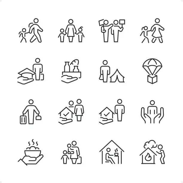 Vector illustration of Refugee - Pixel Perfect line icon set, editable stroke weight.