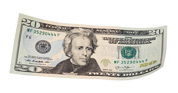 Twenty dollar banknote on white background. High resolution photo.
