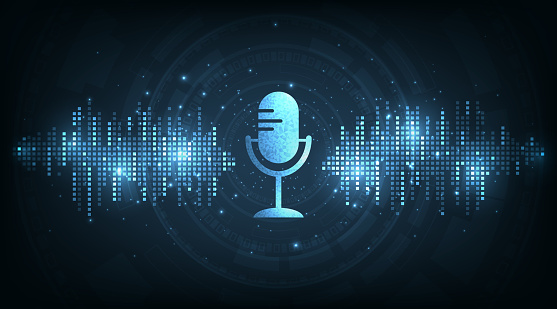 Podcast, Internet digital recording concept. Podcast logo, Mic icon special and Sound wave rhythm on dark blue background.