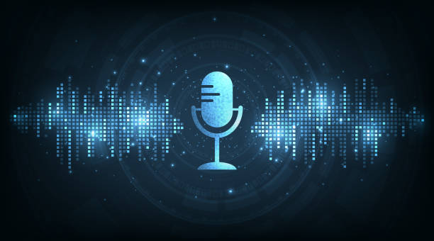 Podcast, Internet digital recording concept. Podcast, Internet digital recording concept. Podcast logo, Mic icon special and Sound wave rhythm on dark blue background. podcasting stock illustrations