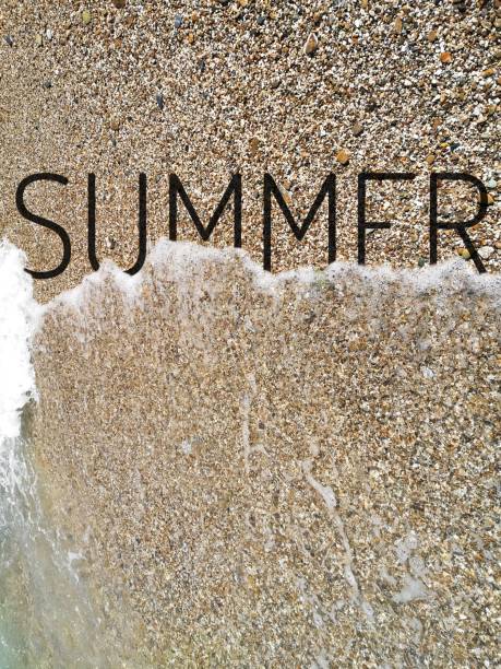 the inscription summer on the sand is washed away by the wave