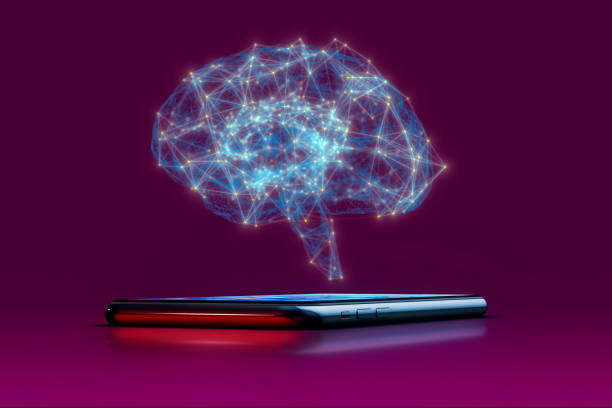 modelo cerebral de telefone celular e wireframe com neurônio e receptor - brain cerebellum synapse science - fotografias e filmes do acervo
