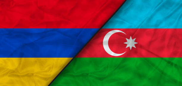 the flags of azerbaijan and armenia. news, reportage, business background. 3d illustration - ermeni bayrağı stok fotoğraflar ve resimler
