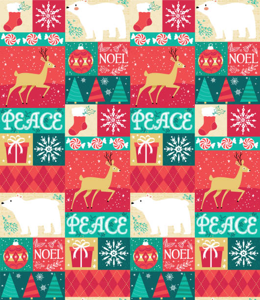 ilustrações de stock, clip art, desenhos animados e ícones de adorable, rustic holiday seamless vector pattern featuring christmas elements and characters in a folksy quilt motif. - christmas quilt craft patchwork