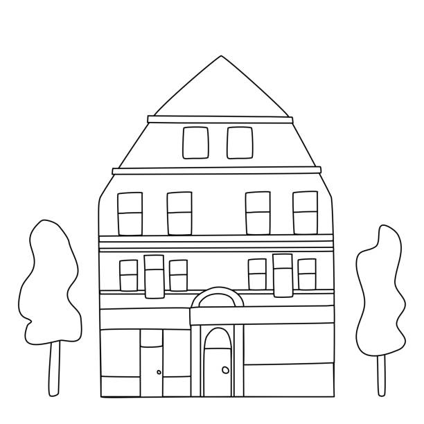 Old style house, shop or cafe on first floor, flat vector outline Old style house, shop or cafe on first floor, flat vector outline illustration cobh ireland stock illustrations