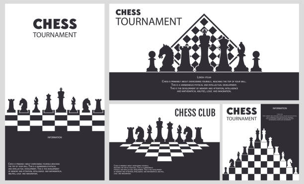 satz von bannervorlagen in verschiedenen größen. schachclub, schachturnier, internationaler schachtag, online schach streaming - länderspiel stock-grafiken, -clipart, -cartoons und -symbole