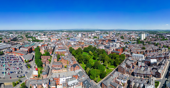 high aspect aerial view over winckley square and the town cityscape of Preston, Lancashire, England