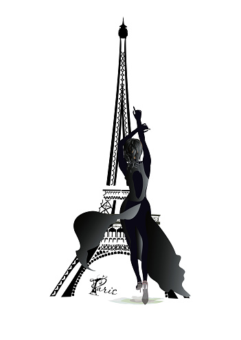 Design  with lettering Paris and the Eiffel tower, fashion girls in hats, architectural elemens. Hand drawn vector illustration.