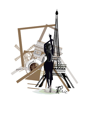 Design  with lettering Paris and the Eiffel tower, fashion girls in hats, architectural elemens. Hand drawn vector illustration.