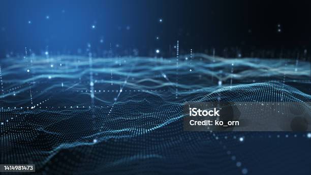 Futuristic Flight Through A Digital Line Landscape Blue Dust Particle Abstract Background 3d Rendering Stock Photo - Download Image Now