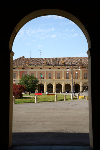 Gualtieri, Italy - June 26, 2022: Exterior of historic buildings of Gualtieri, Reggio Emilia province, Emilia-Romagna, Italy
