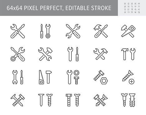 Repair tools line icons. Vector illustration include icon - hammer, ring spanner, fasteners, nail, screwdriver, wrench outline pictogram for construction toolkit. 64x64 Pixel Perfect, Editable Stroke.