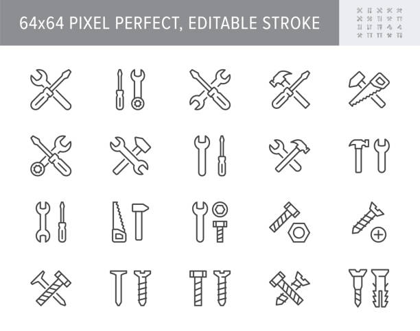 Repair tools line icons. Vector illustration include icon - hammer, ring spanner, fasteners, nail, screwdriver, wrench outline pictogram for construction toolkit. 64x64 Pixel Perfect, Editable Stroke Repair tools line icons. Vector illustration include icon - hammer, ring spanner, fasteners, nail, screwdriver, wrench outline pictogram for construction toolkit. 64x64 Pixel Perfect, Editable Stroke. wrench stock illustrations