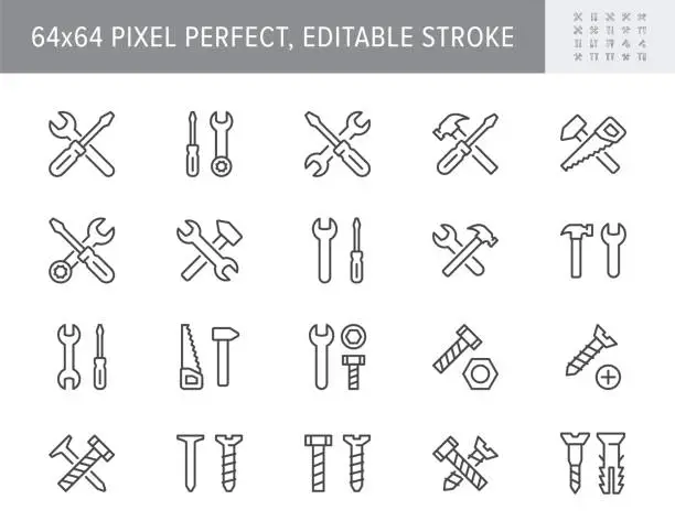 Vector illustration of Repair tools line icons. Vector illustration include icon - hammer, ring spanner, fasteners, nail, screwdriver, wrench outline pictogram for construction toolkit. 64x64 Pixel Perfect, Editable Stroke