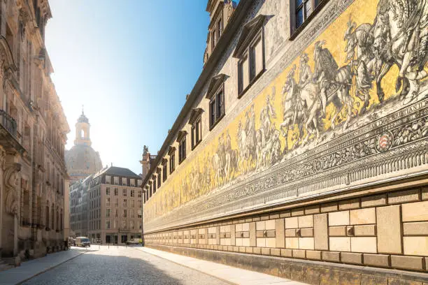 The Fuerstenzug or Procession of Princes in the old town of Dresden. It is know as the largest porcelain artwork in the world. Dresden, Germany