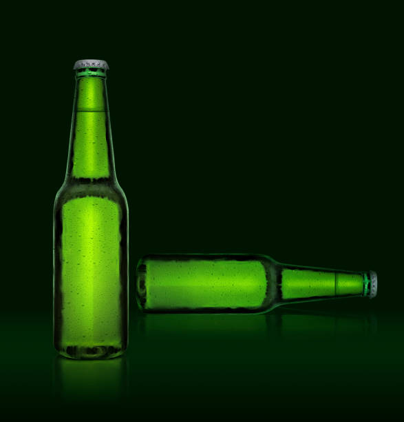 istock 3D render. Single green beer bottle without brand designation. Full glass bottle covered with water drops against green illuminated background. Alcoholic drinks and refreshment concept 1414986152