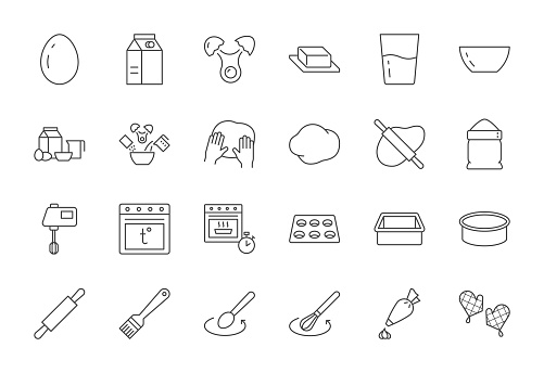 Baking line icon set. Bakery icons - mixer, glass, preheat oven, form, butter, egg, milk, rolling pin, whisk, confectionery bag, stove. Simple outline sign of cooking recipe. Editable Stroke.