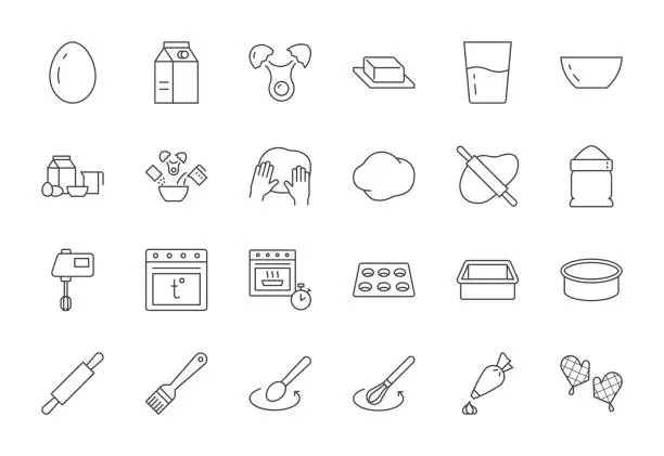 Vector illustration of Baking line icon set. Bakery icons - mixer, glass, preheat oven, form, butter, egg, milk, rolling pin, whisk, confectionery bag, stove. Simple outline sign of cooking recipe. Editable Stroke