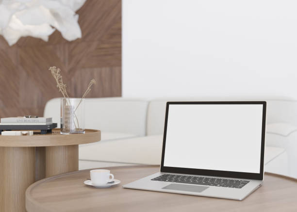 istock Laptop with blank white screen, on wooden table at home. Computer mock up. Free, copy space for app, game, web site presentation. Empty laptop screen ready for your design. Modern interior. 3D render. 1414987115