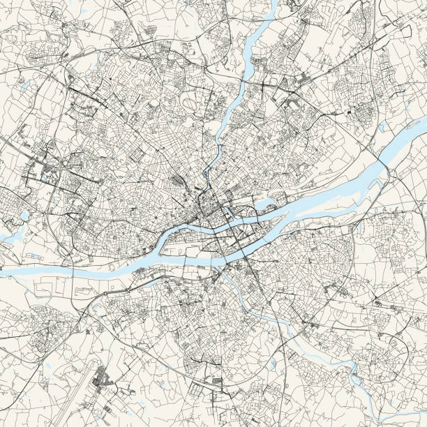Nantes, France Vector Map Topographic / Road map of Nantes, France. Map data is open data via openstreetmap contributors. All maps are layered and easy to edit. Roads are editable stroke. nantes stock illustrations