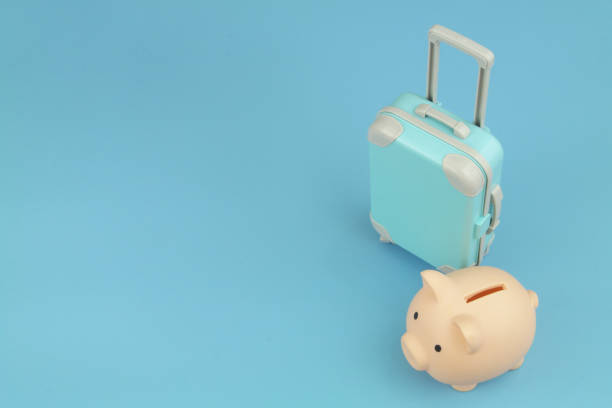 istock Piggy bank and blue suitcase on blue background. 1414991084