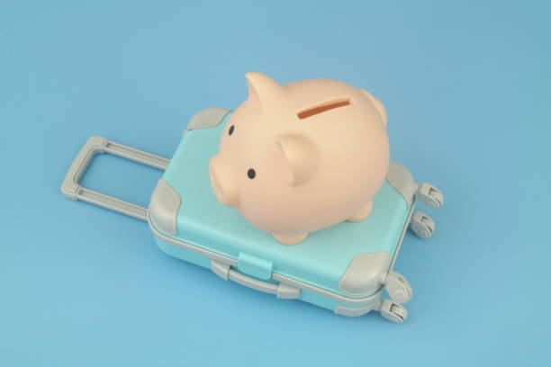 istock Piggy bank and blue suitcase on blue background. 1414991085