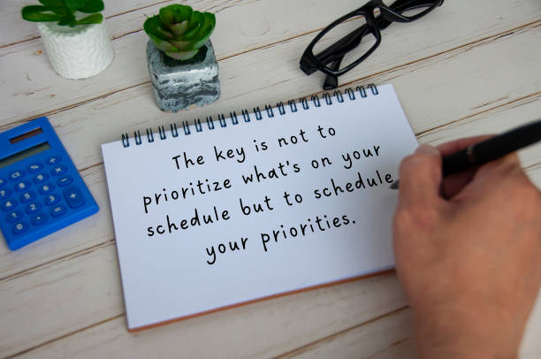istock Inspirational quote text on white notepad about priorities and scheduling. Inspirational concept 1414991214