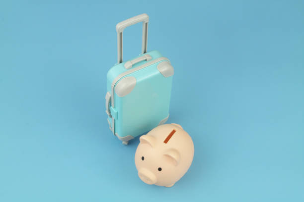 istock Piggy bank and blue suitcase on blue background. 1414991371