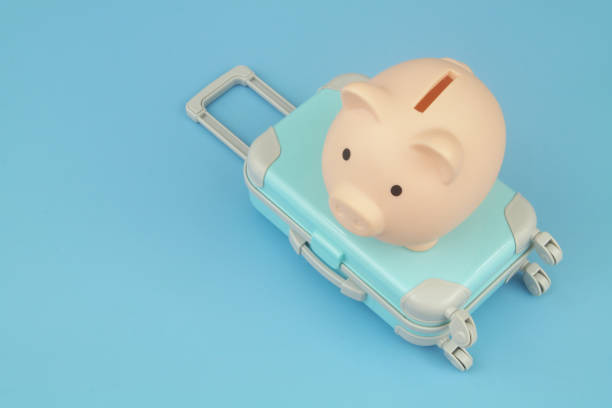 istock Piggy bank and blue suitcase on blue background. 1414991372