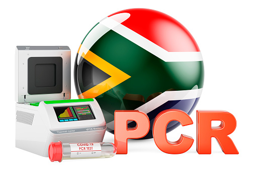 PCR test for COVID-19 in South Africa, concept. PCR thermal cycler with South African flag, 3D rendering isolated on white background