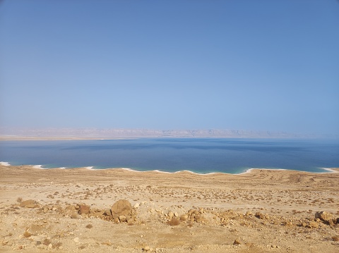 views of the dead sea from jordan with views of israel in the background