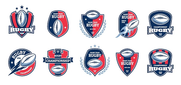 Set of vector logos american football. Collection of team emblems and renby championships. Ball in a frame with an inscription.