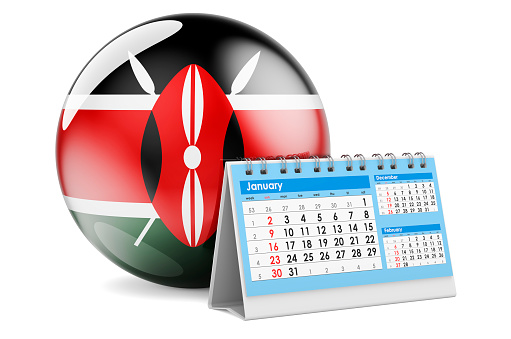 Desk calendar with Kenyan flag. 3D rendering isolated on white background
