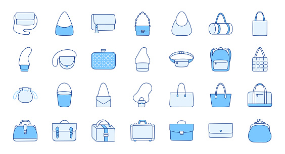 Women bags illustration including icons - purse, handbag, fashion clutch, business briefcase, backpack, leather suitcase, shopper. Thin line art about clothes accessory. Blue Color, Editable Stroke.