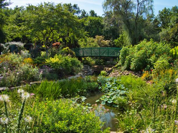 istock Green Bridge Crossing Beautiful Flower Garden 1414993651