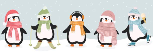 ilustraciones, imágenes clip art, dibujos animados e iconos de stock de conjunto de lindos pingüinos navideños. ilustración vectorial en estilo de dibujos animados planos - pingüino