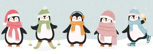 Vector illustration of Set of cute christmas penguins. Vector illustration in flat cartoon style