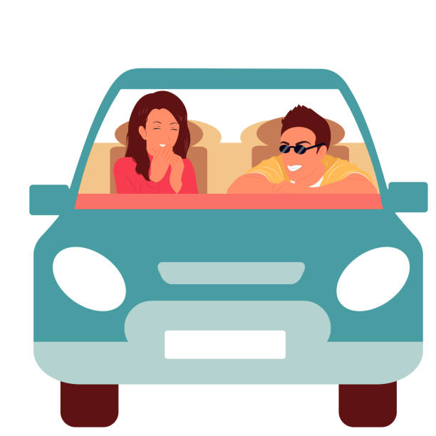 車の中で笑う男女。休息、慰め、喜び。カラーフラットベクターイラスト。 - car driving front view cartoon点のイラスト素材／クリップアート素材／マンガ素材／アイコン素材