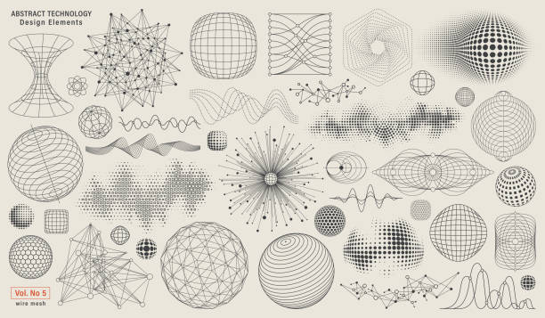 Abstract Technology Elements Abstract technology collection of design elements. Wire mesh line art. node data stock illustrations