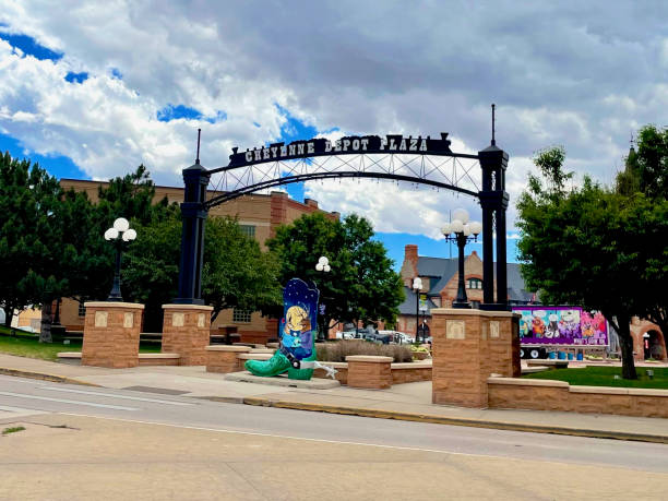 Cheyenne, Wyoming - July 3, 2022: The Cheyenne Depot Plaza is located adjacent to the historic Union Pacific Railroad Depot, now housing the Cheyenne Depot Museum and a restaurant.