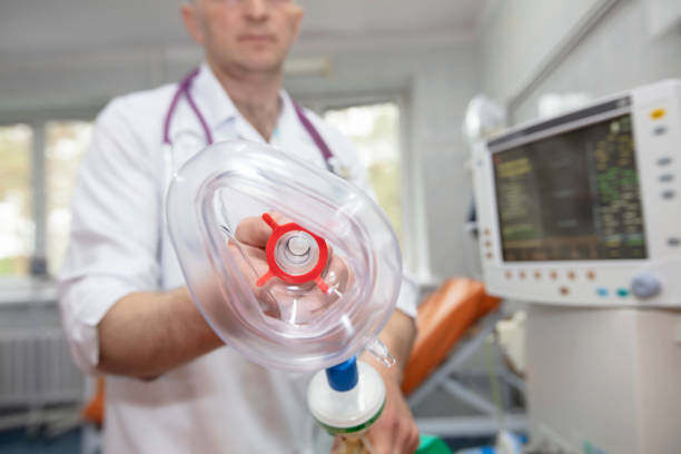 Oxygen mask as part of a ventilator in the operating room, close-up.