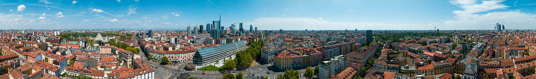 360 degree aerial view of Milan. Skyscrapers and roofs, Garibaldi area. View of the most iconic places in the city from the skyscrapers of Gae Aulenti to the Tre Torri. 08-15-2022. Italy